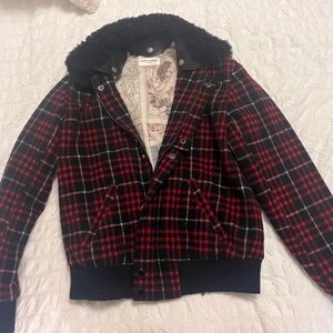 Saint Laurent red tartan print bomber jacket